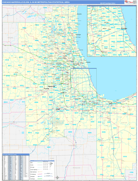 Chicago-Naperville-Elgin Metro Area Wall Map Basic Style
